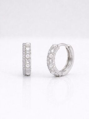 Platinum Plated Silver Tone Pearl & Cubic Zirconia Huggie Hoop Earrings